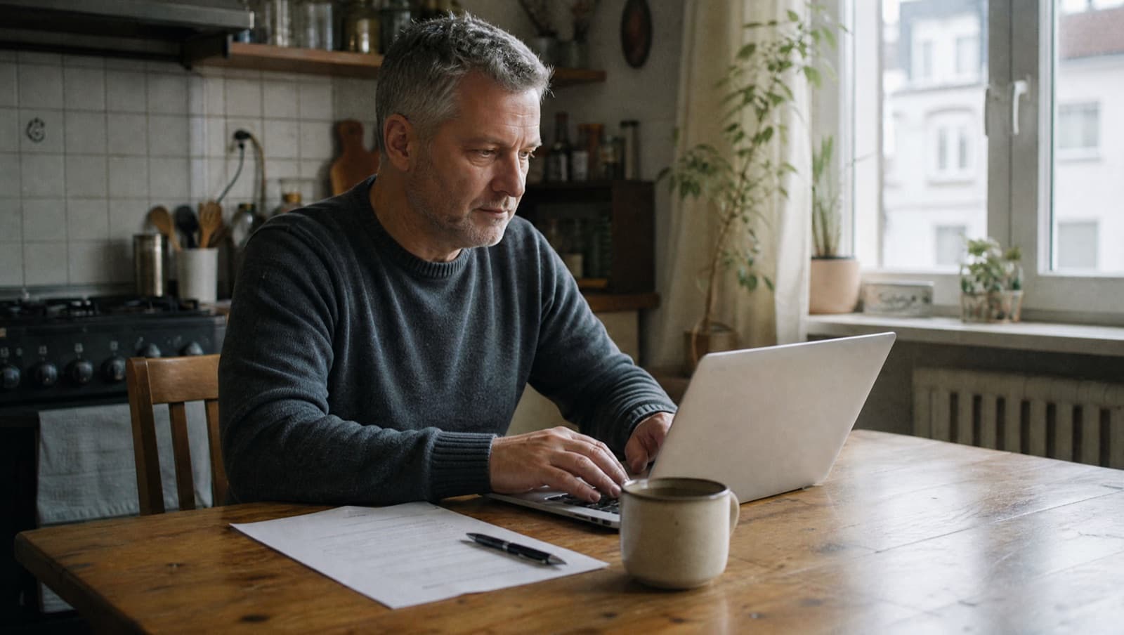 Muž v strednom veku píše pri kuchynskom stole životopis na notebooku, vedľa leží vytlačené CV