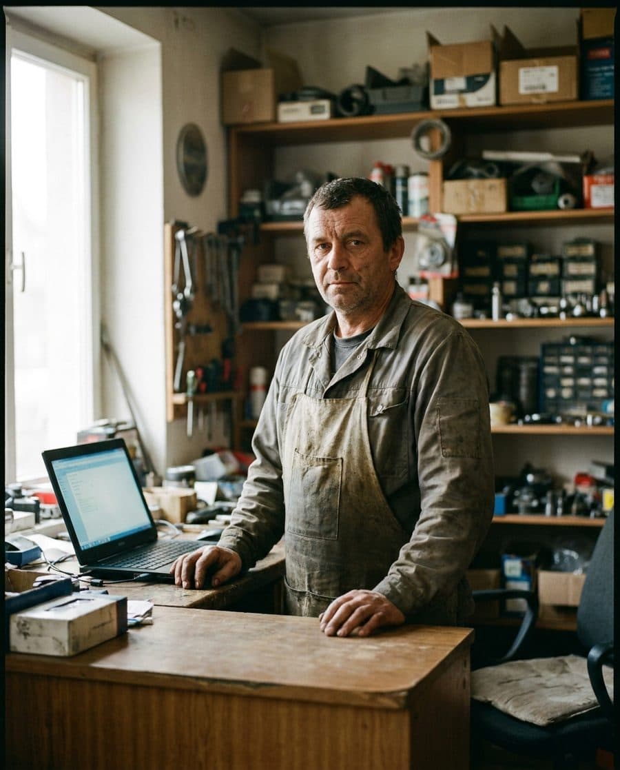 Živnostník za pultom vlastnej prevádzky s notebookom