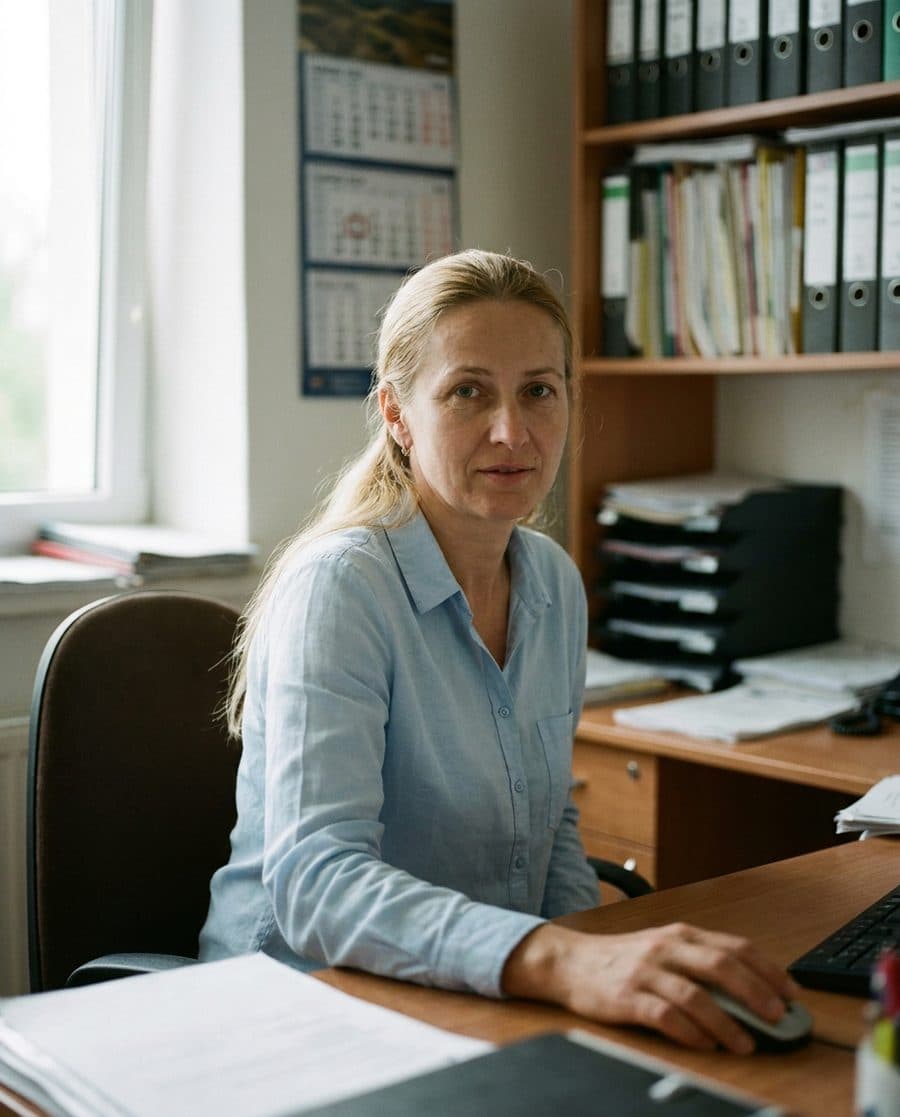 Žena pri pracovnom stole v malej kancelárii