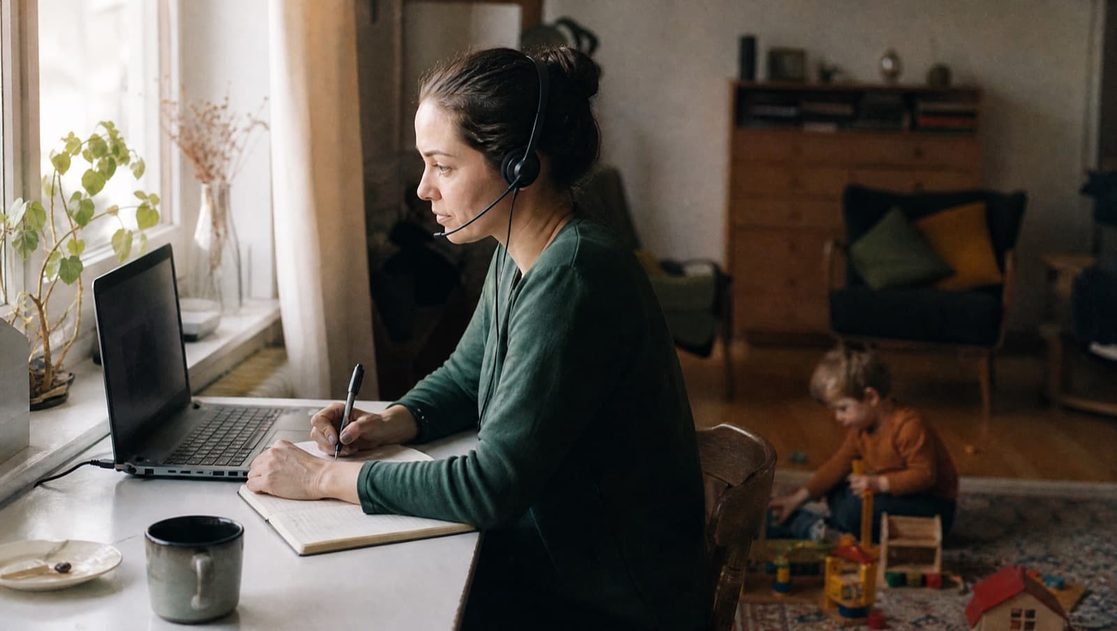 Mama so slúchadlami sleduje online lekciu na notebooku a píše si poznámky, v pozadí sa hrá dieťa