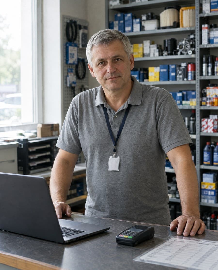 Predavač okolo 45 rokov v sivom polo tričku s menovkou stojí za pultom predajne s náhradnými dielmi, pred ním notebook